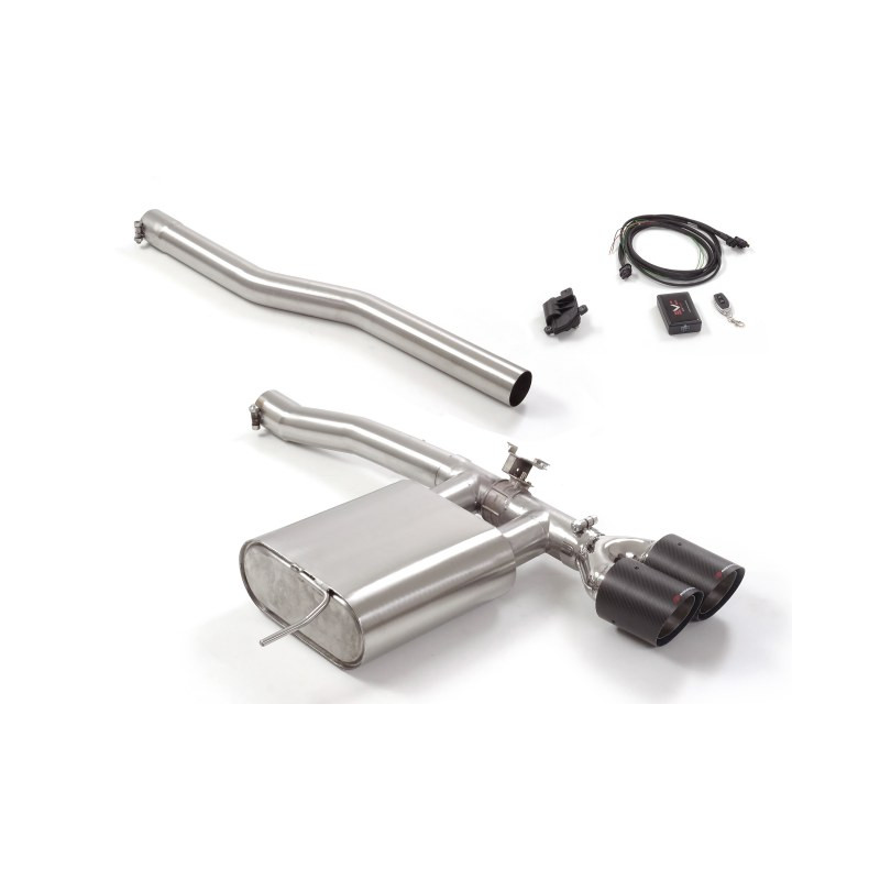 Silencieux arrière en inox avec 2 sorties rondes Carbon Shot 100 mm avec valve électrique intégrée. Contrôle de la valve avec...