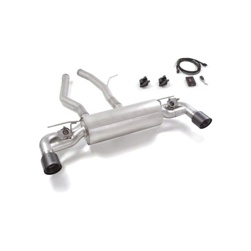 Silencieux arrière duplex en inox g/d avec sortie ronde Carbon Shot 100 mm avec valves électriques intégrées. Contrôle des va...