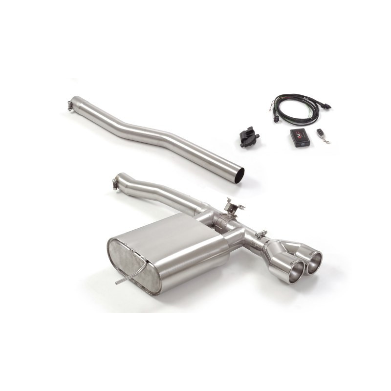 Silencieux arrière en inox avec 2 sorties rondes 102 mm avec valve électrique intégrée. Contrôle de la valve avec le kit RAGA...