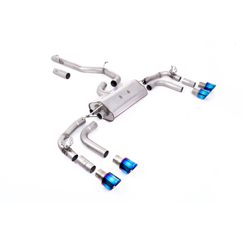 DPF-Back Milltek Volkswagen Tiguan R 2.0 TSI 320 PS 2021-2024 mit DPF - ohne Resonator - Quad-Endrohre GT100 Titan blau angelass