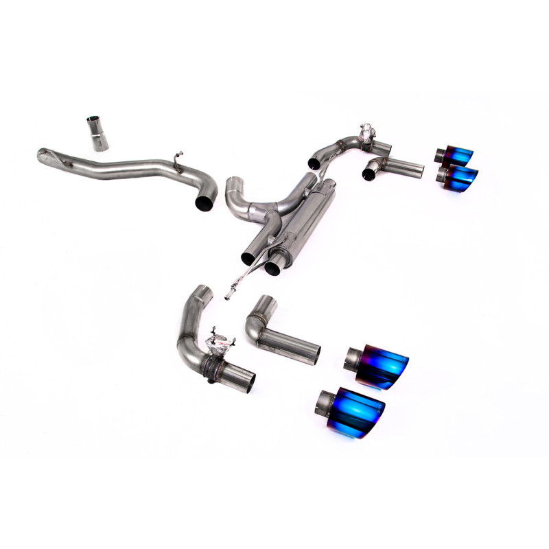 DPF Back Race Milltek Volkswagen Golf Mk8 R 2021-2025 - non risonato - terminali Quad GT115 Titanio blu - Race, con valvole