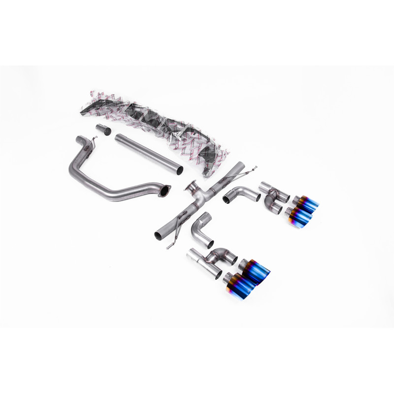 DPF Back Race Milltek Volkswagen Golf Mk8, senza risonatore e con bypass silenziatore posteriore, terminali Quad GT115 titanio b