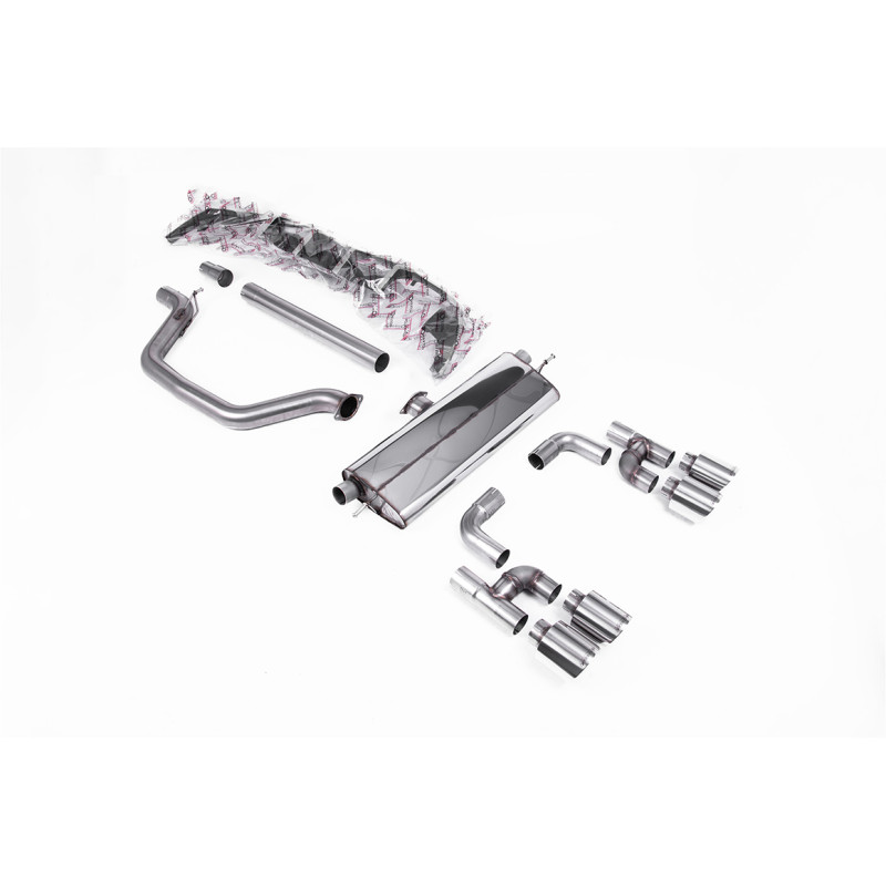 FAP Back Milltek Volkswagen Golf Mk8 GTI Look R 2020-2024, non risonato e con silenziatore post., terminali Quad GT115 lucidati