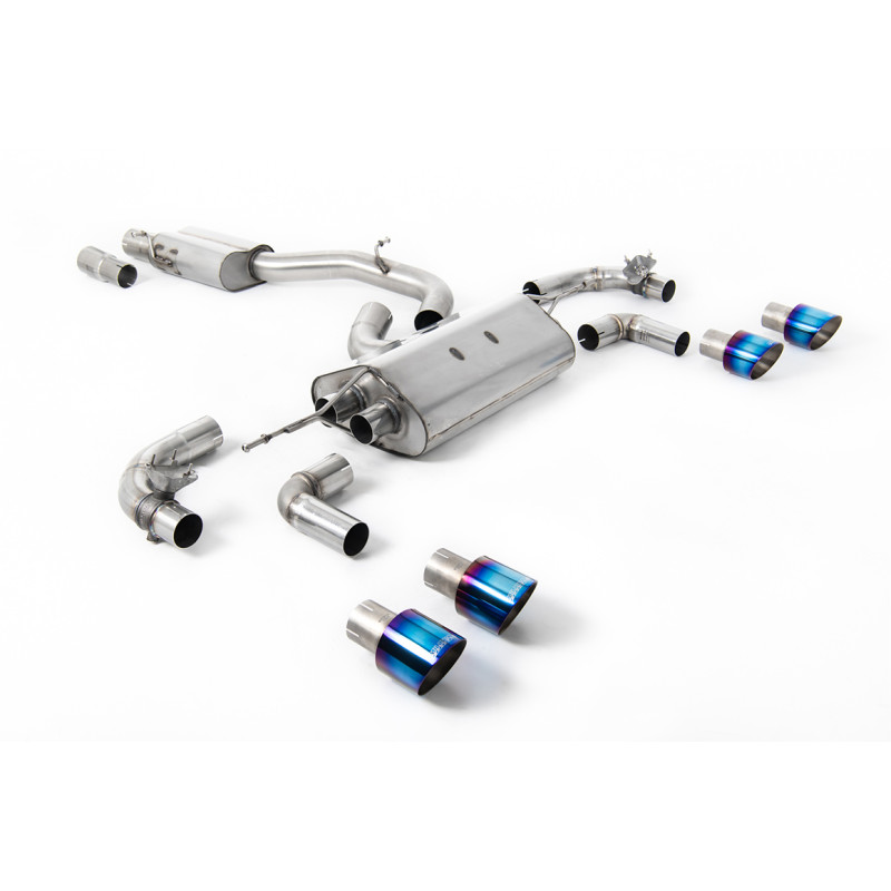 DPF Back Race Milltek Volkswagen Golf Mk7.5 R 2.0 TSI 2017-2022 - Versione 80 mm - risonante - terminali Quad GT100 Titanio blu