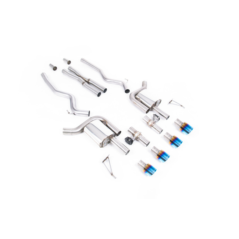 Cat-back Milltek Ford Mustang MK7 GT 5.0 V8 2024-2025 - Con X pipe e valvole attive - uscite Quad GT100 Titanio bluito