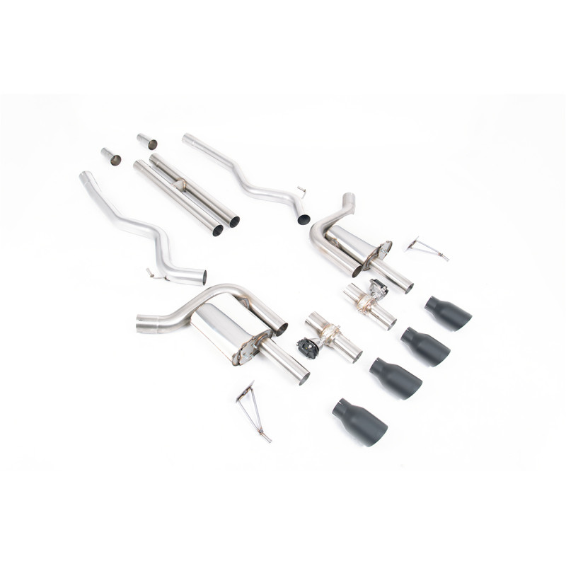 Escape cat-back Milltek Ford Mustang MK7 GT 5.0 V8 2024-2025, con H pipe y válvulas activas, colas Quand GT100 Cerakote negro