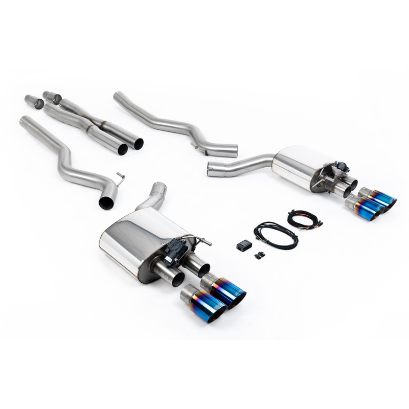 Cat-back Milltek Ford Mustang MK6 GT 5.0 V8 2015-2018 - With X pipe and rear muffler with valves - quad GT90 blued titanium tips