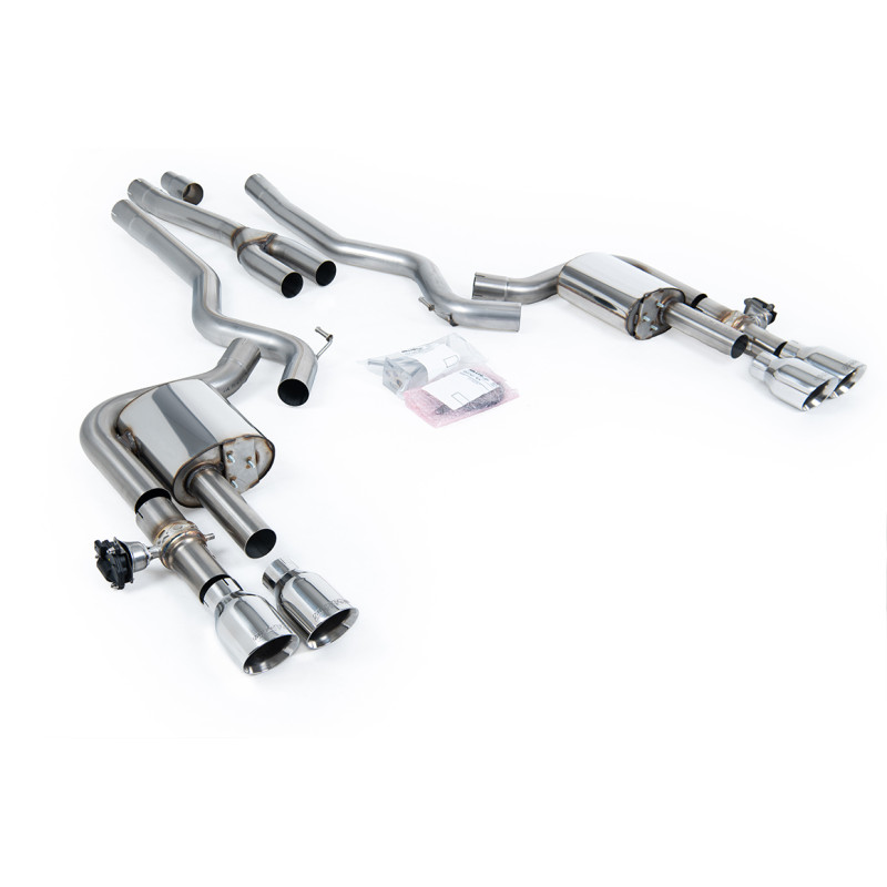 Cat-back Milltek Ford Mustang MK7 2.3 EcoBoost 2024-2025 - Sin silenciador primario - salidas Quad GT100 pulidas