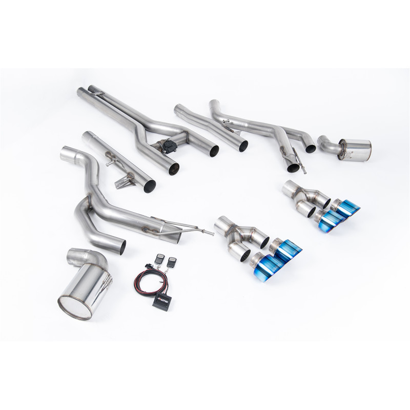 Front Pipe-Back Milltek Dodge Challenger Mk3 - Anlage ab Original-Primärteil - mit H-Rohr - Quad-Endrohre GT100 Titan blau angel
