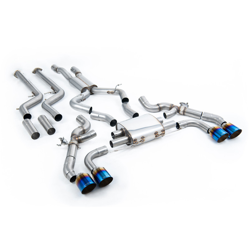 Escape cat-back Milltek BMW X3 G01 X3M, X4 G02 X4M - Línea tras downpipes con bypass FAP - salidas Quad GT115 titanio azulado