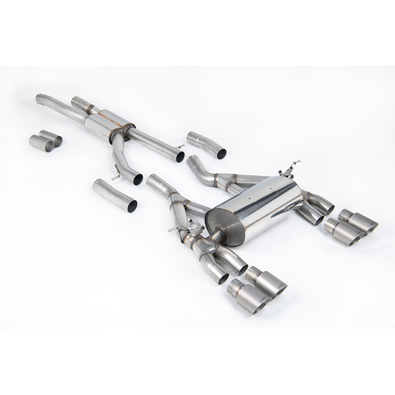 Cat-Back-Anlage Milltek BMW 3er F80 M3 2014-2018, 4er F82-F83 M4 2014-2018, Race mit Mittelschalldämpfer, Quad GT90 Titan